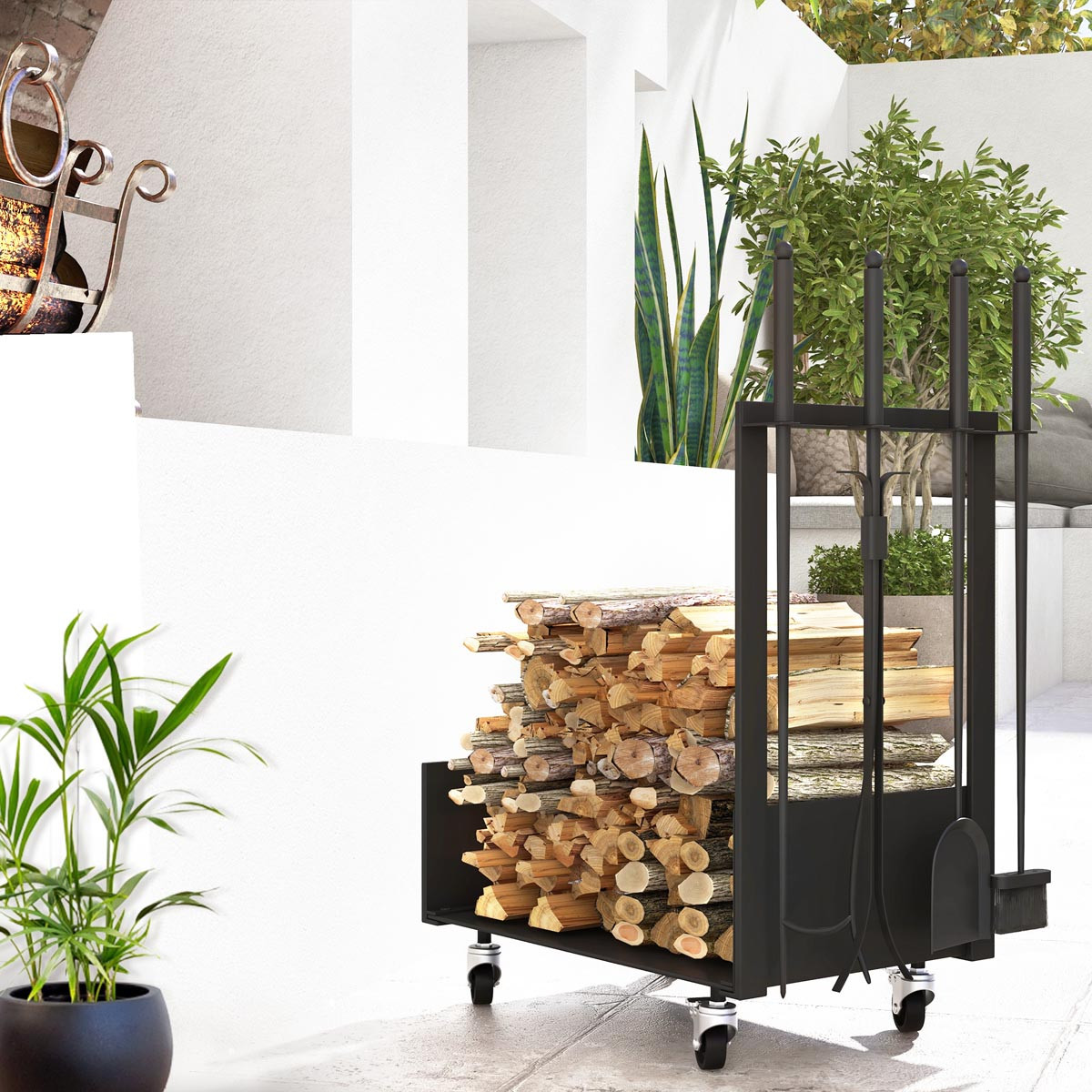 Outsunny Pojízdný stojan na dřevo s nářadím, černý