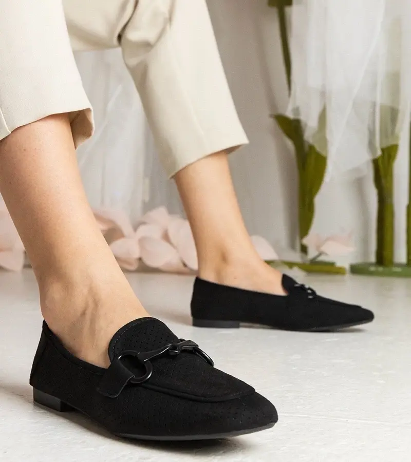 UR/CEO Black perforated women's moccasins with decoration Mensory