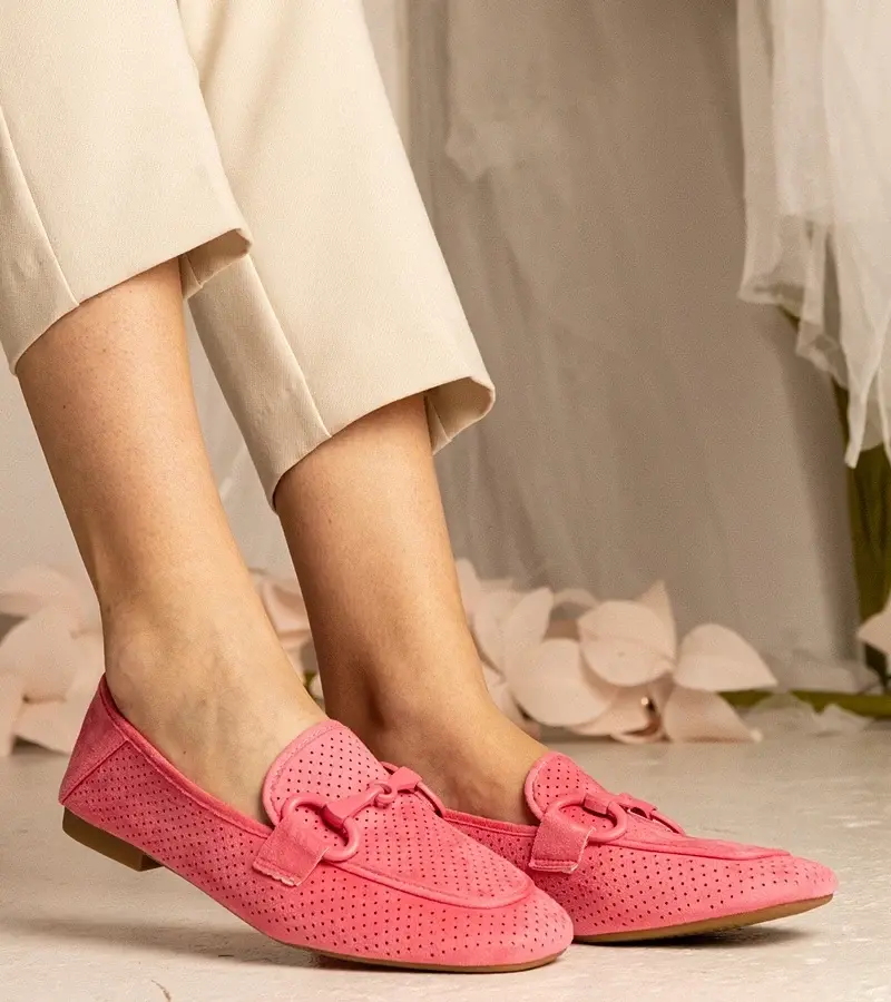 UR/CEO Pink perforated women's moccasins with decoration Mensory