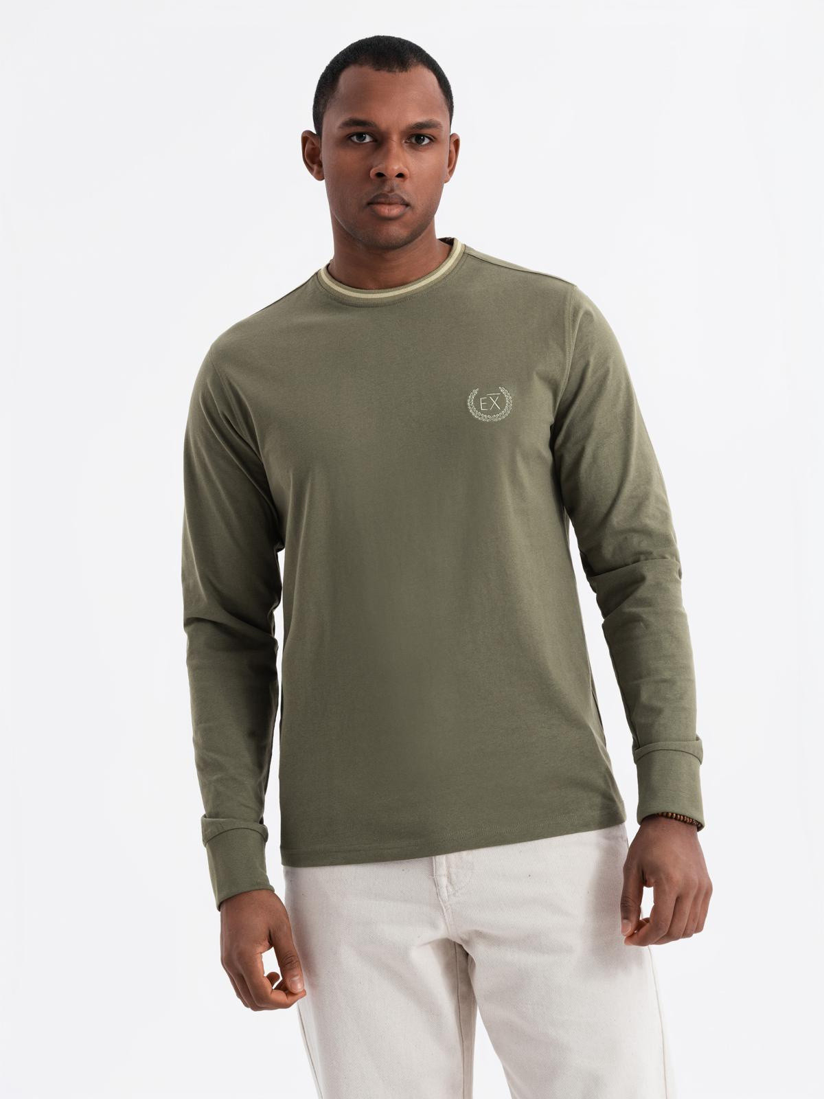 Ombre Men's cotton longsleeve with U neckline with stripes and embroidery - olive