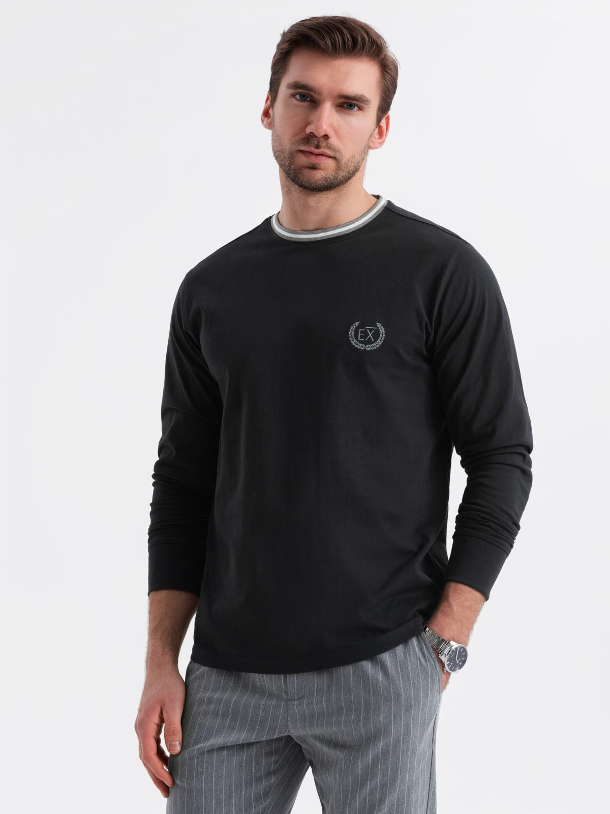 Ombre Men's cotton longsleeve with striped U neckline and embroidery - black