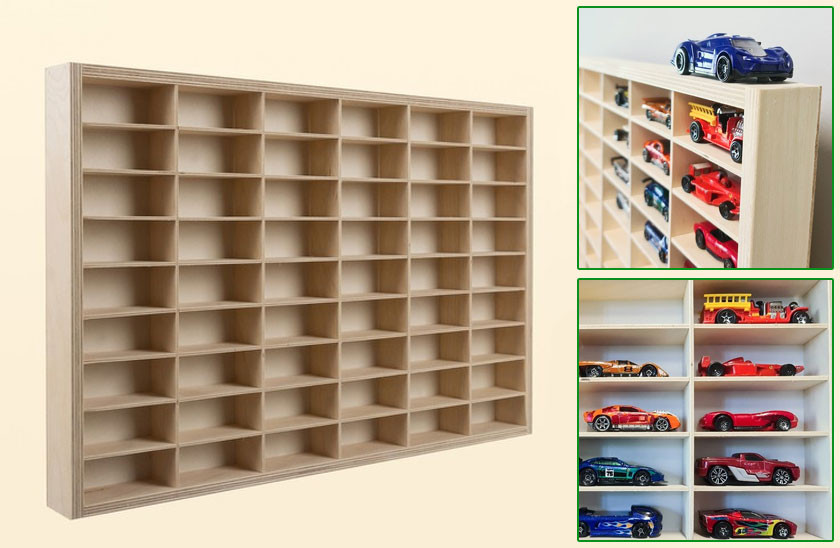 Dřevěná polička - organizér na autíčka - 54 přihrádek