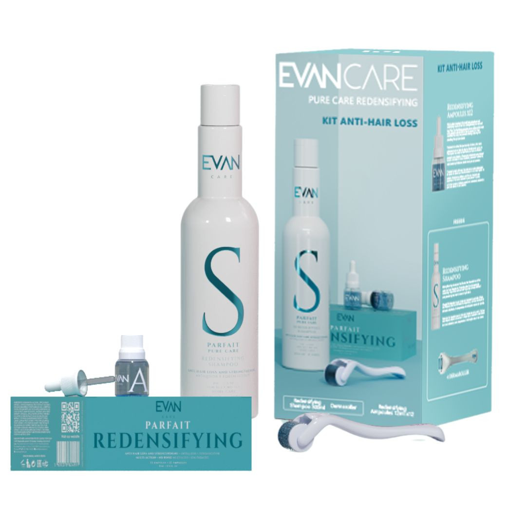 KIT: Evan Redensifiyng Kit - podpora růstu vlasů a regenerace pokožky - šampon, 500 ml, ampule, 12x10 ml + Scalp roller