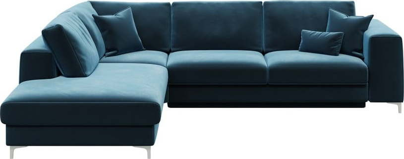 Tmavě modrá sametová rozkládací rohová pohovka Devichy Rothe, levý roh
