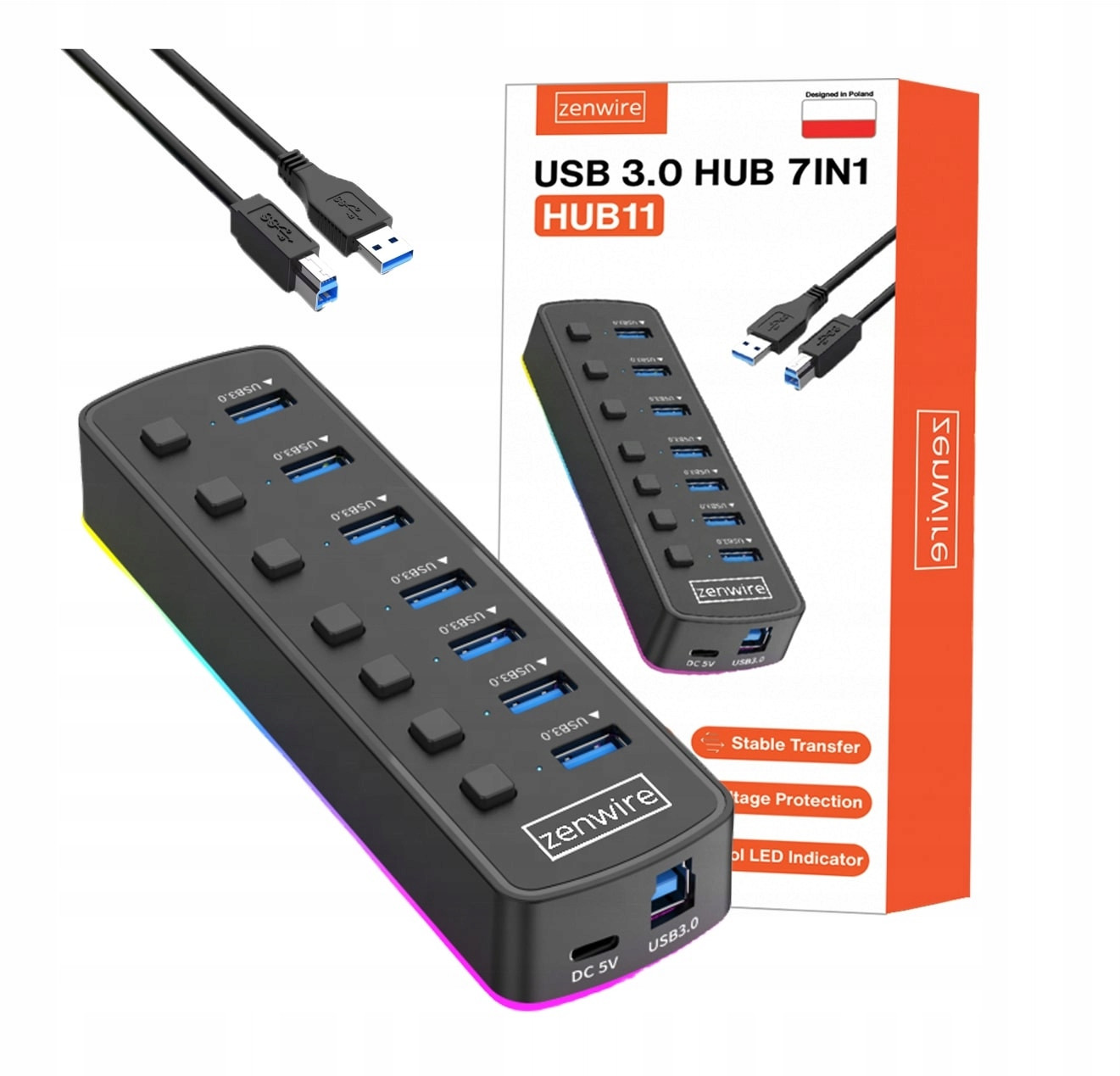 Hub 7x Usb 3.0 Aktivní 7v1 Rozbočovač portů Rozbočovač Usb-c Rgb Led 5GB