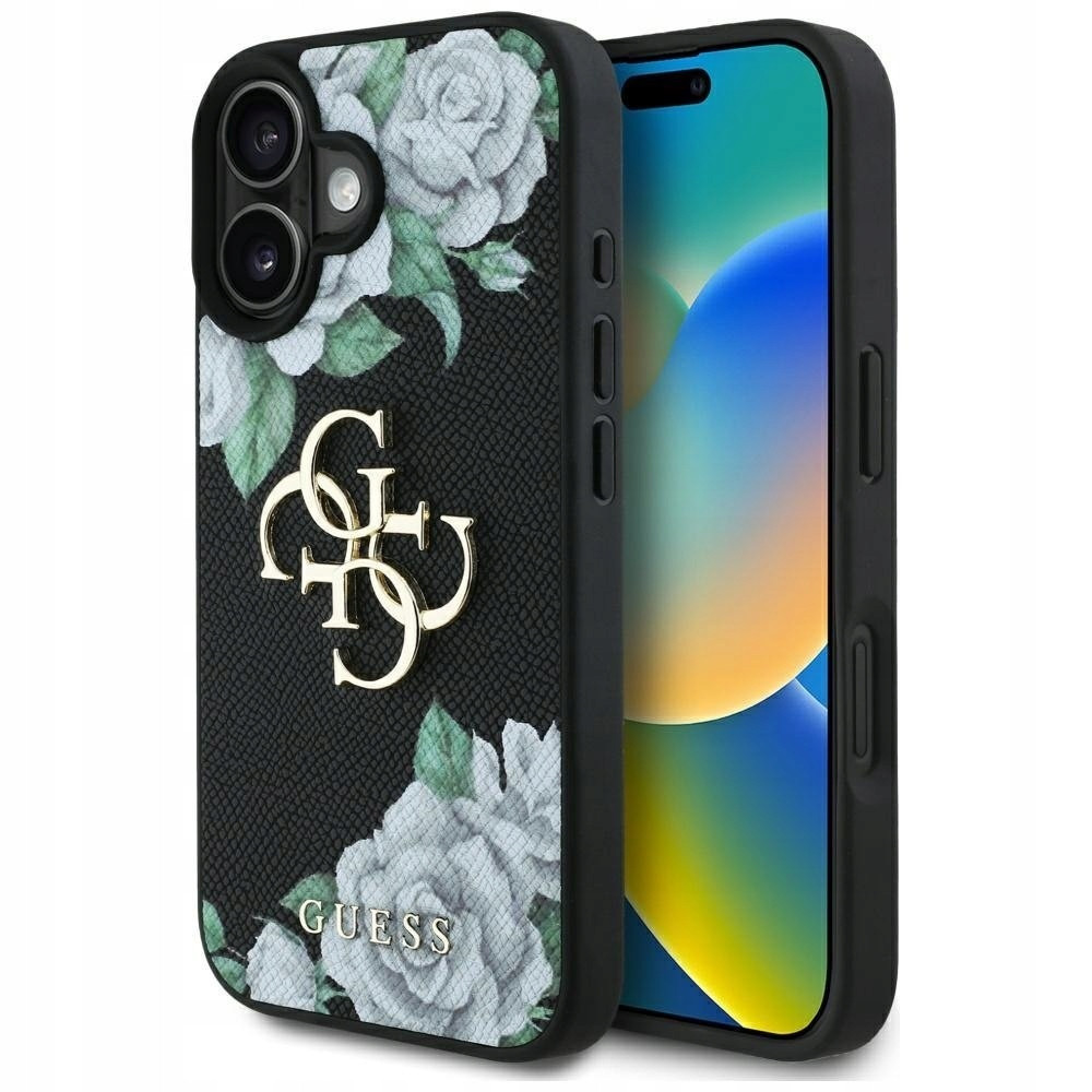 Pouzdro Guess Grained Roses Big 4G logo pro iPhone 16, černé