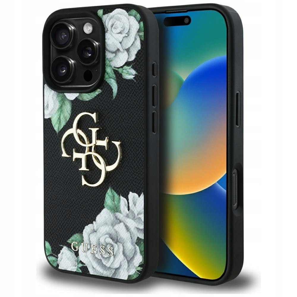Pouzdro Guess Grained Roses Big 4G logo pro iPhone 16 Pro Max, černé
