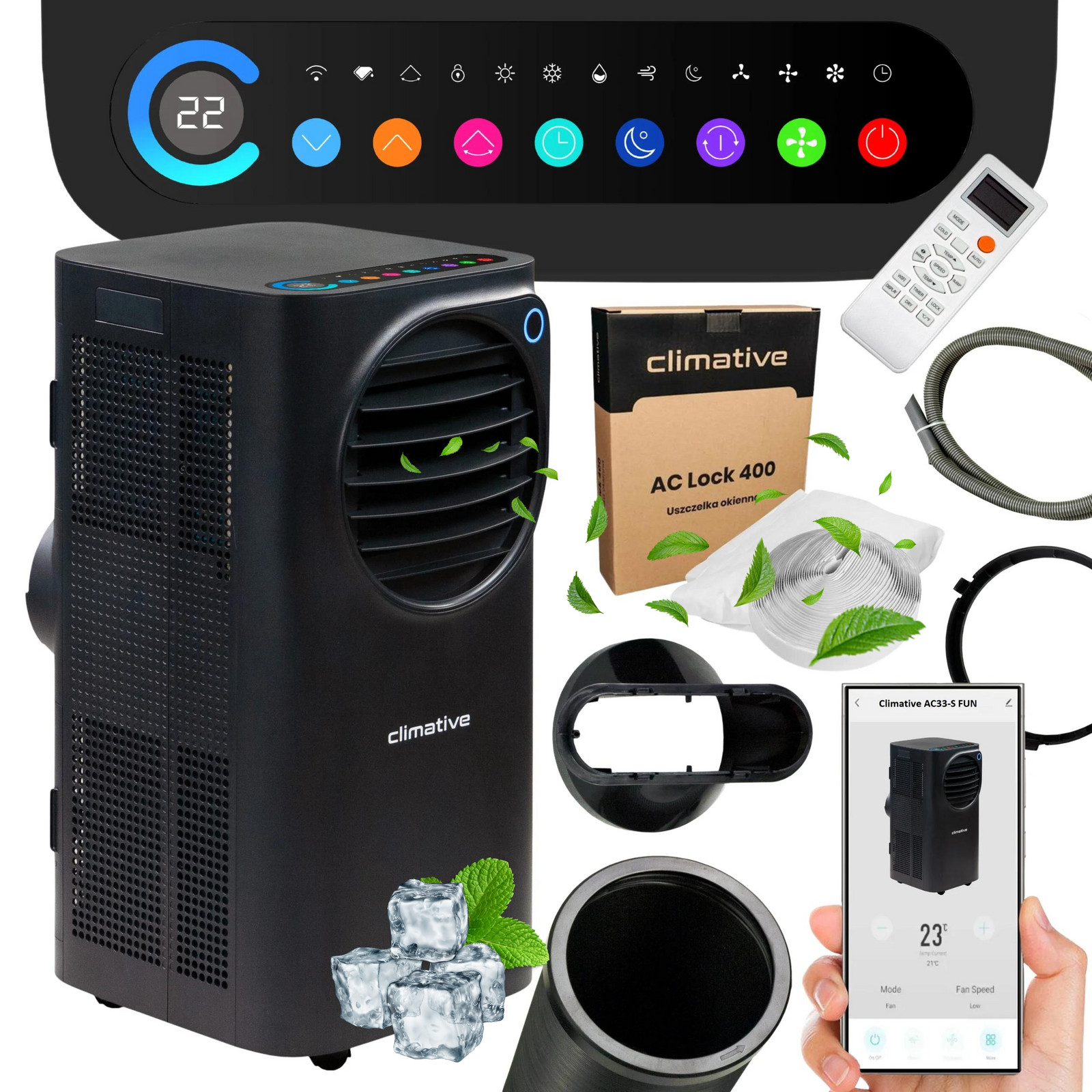 Výkonný přenosný klimatizátor Fun WiFi Barevný Led 3,3 kW 35 m2 odvlhčovač 3v1