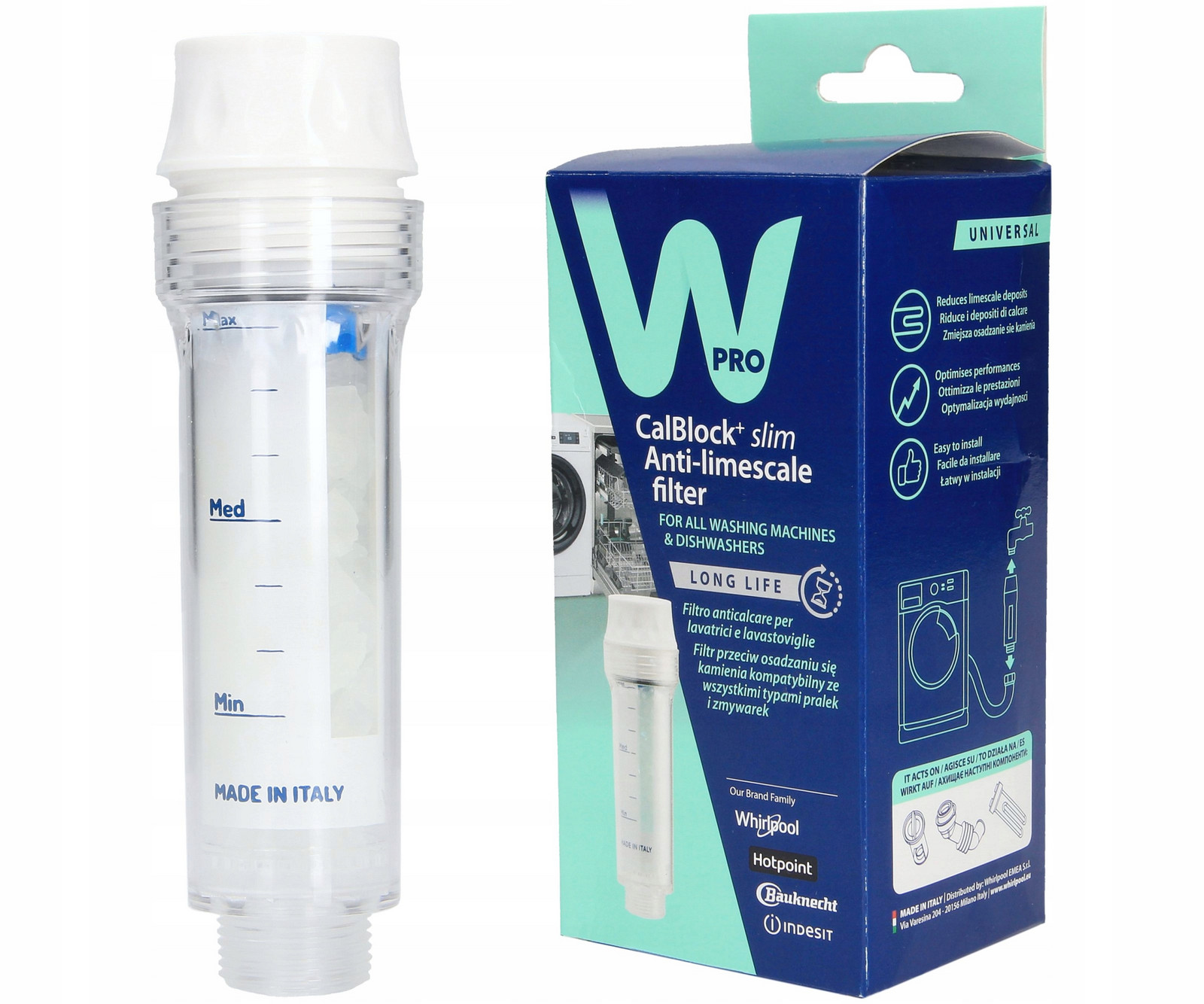 Vodní filtr změkčovač Wpro proti vodnímu kameni pro pračky myček nádobí CalBlock