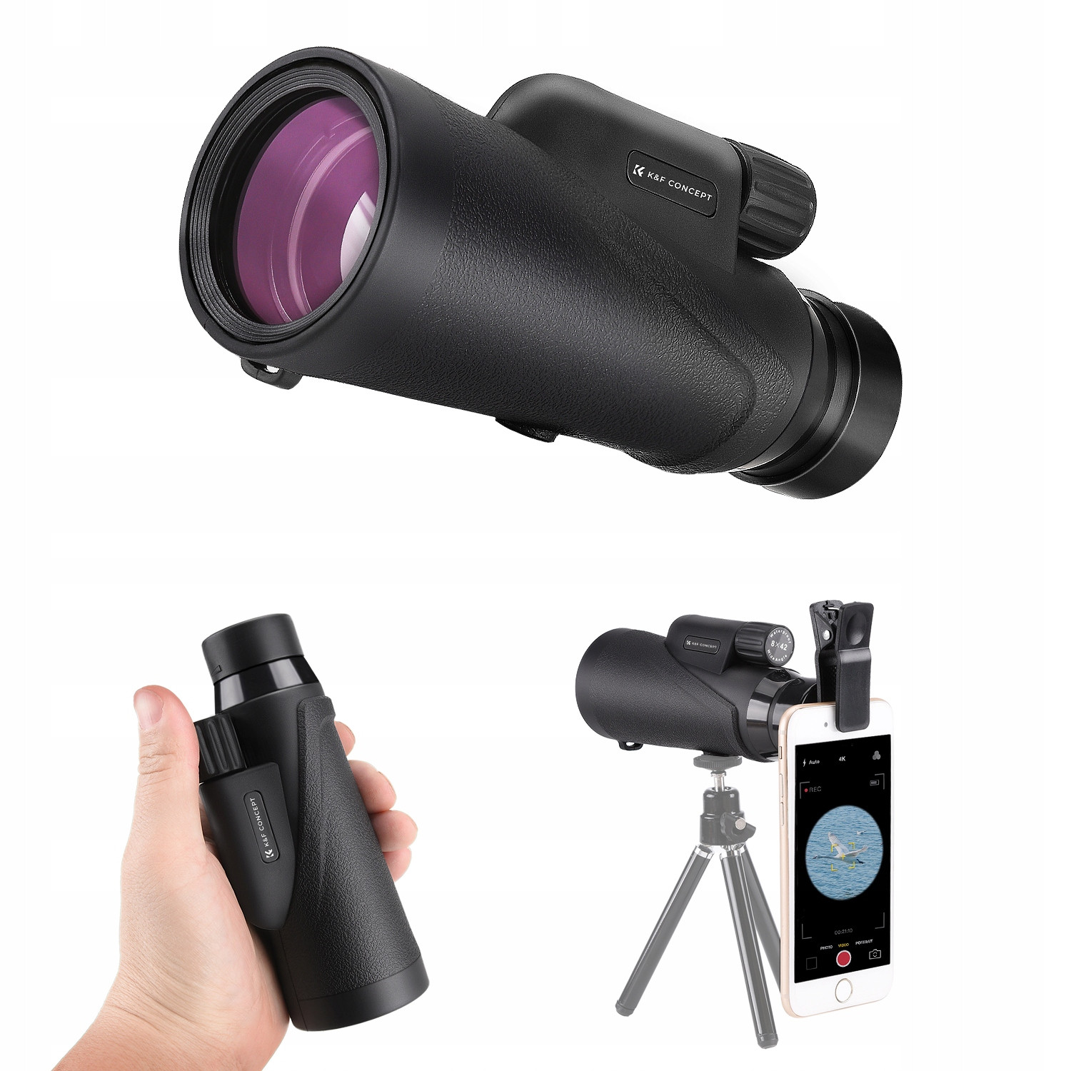 Monokulární dalekohled K&f Zoom 8x 42 mm BaK4 IP68 Pouzdro Stativ Držák telefonu