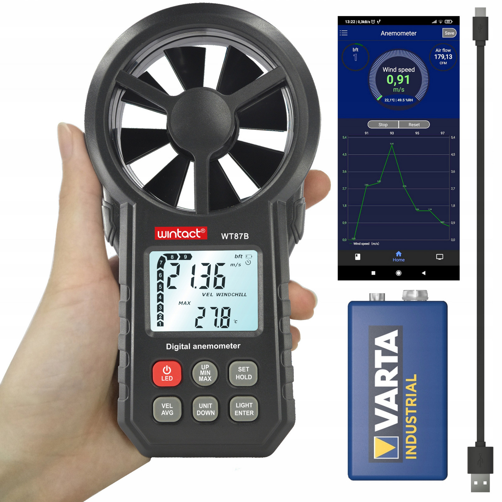 Anemometr Větroměr Měřič Větru Teplota Měření Rychlosti Vzduchu Aplikace Bt