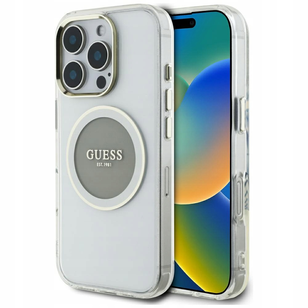 Pouzdro Guess IML Metal Colored Classic Logo MagSafe pro iPhone 16 Pro, šedé