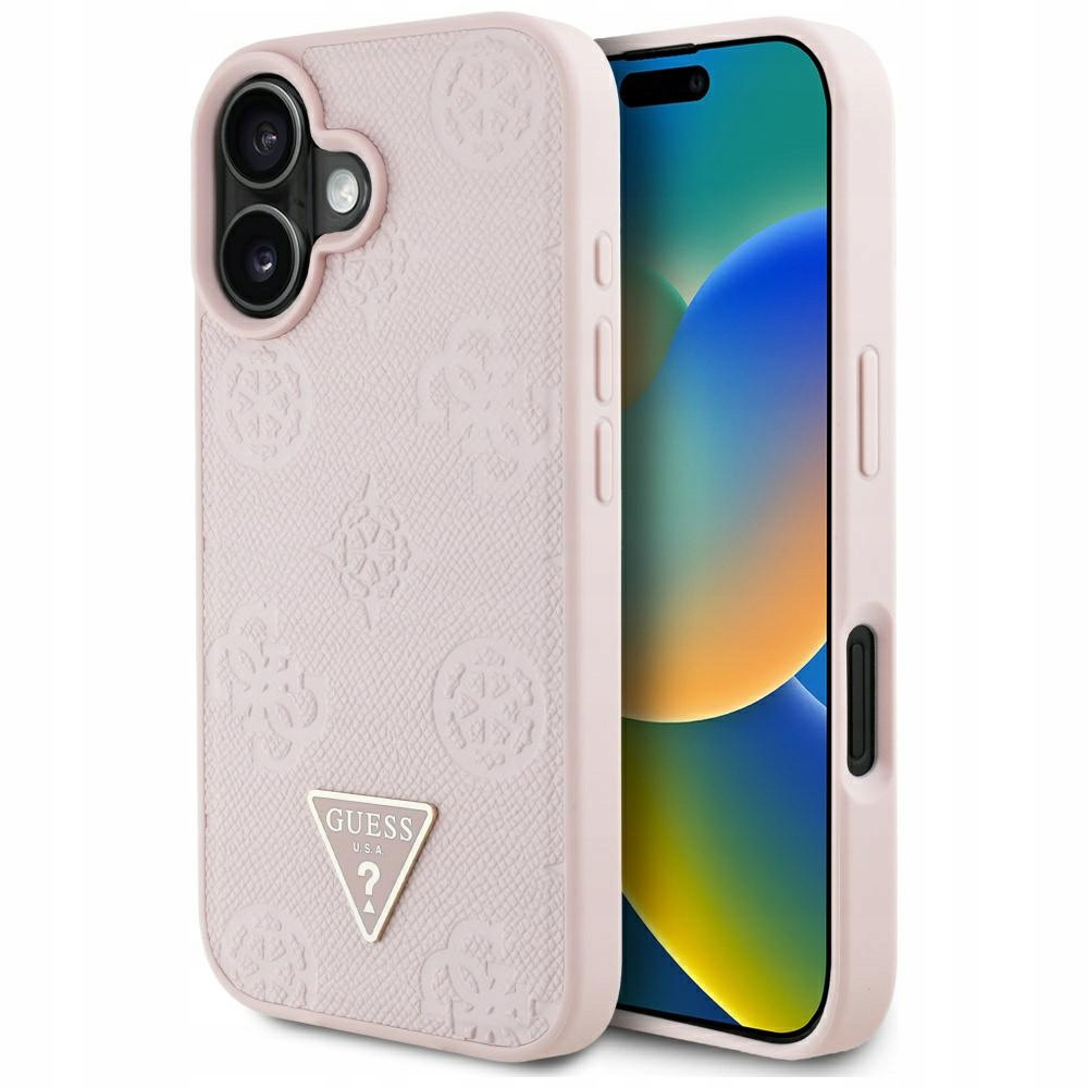 Pouzdro Guess Grained Stamp Peony Triangle Logo MagSafe pro iPhone 16, růžové