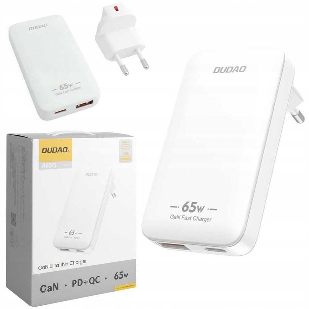 Dudao Ultra tenká síťová nabíječka Usb-c Usb Pd Qc GaN 65W Eu Us Bílá
