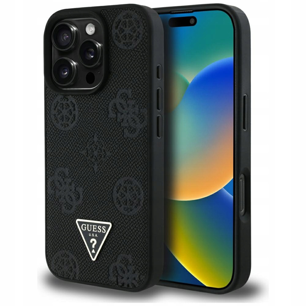 Pouzdro Guess Grained Peony Triangle Logo MagSafe pro iPhone 16 Pro, černé