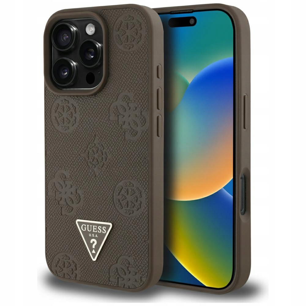 Pouzdro Guess Grained Peony Triangle Logo MagSafe pro iPhone 16 Pro, hnědé
