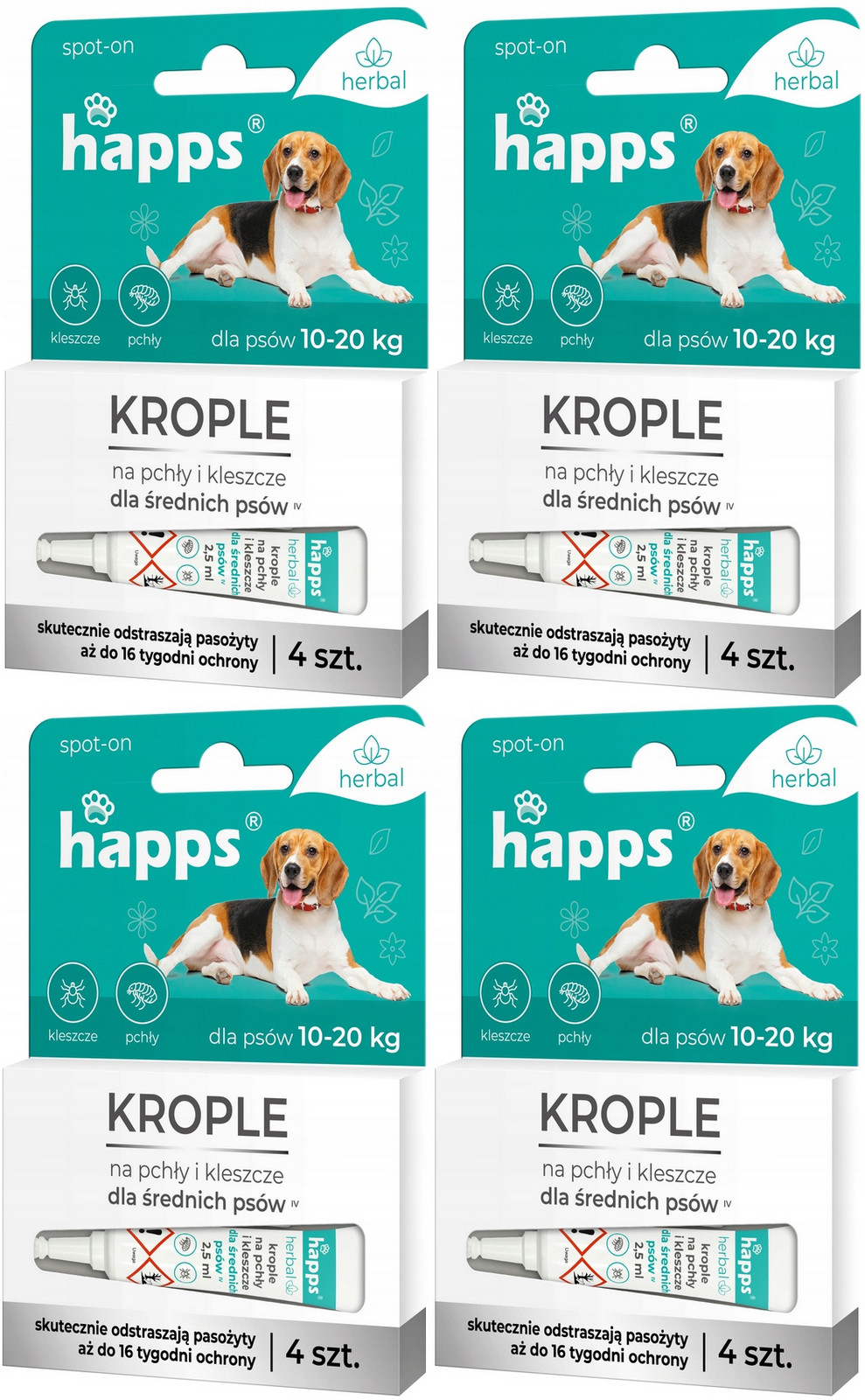 4x Kapky Na Blechy A Klíšťata Pro Střední Psy Silné 10-20 kg 4x2,5 ml Happs