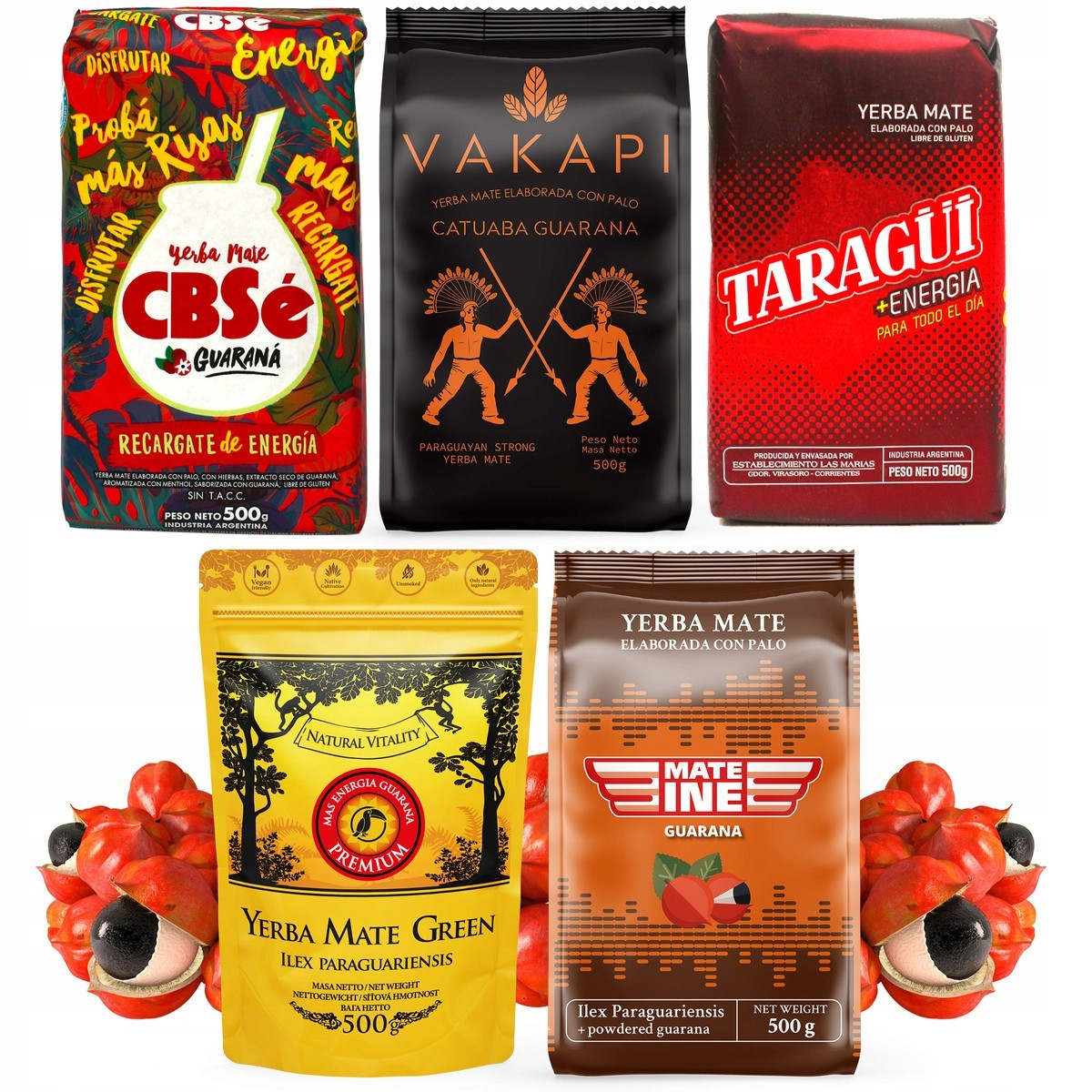Sada Yerba Mate Green CBSe Taragui Guarana Energia různé druhy 5 x 500 g