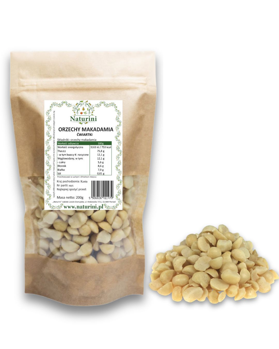 Ořechy Macadamia Makadamia čtvrtky 4s máslová příchuť kvalita 1kg Naturini