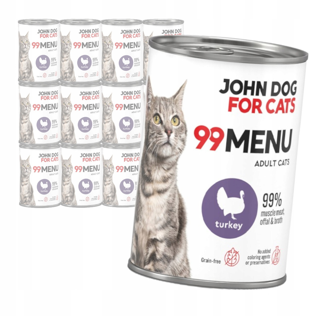 John Dog for Cats 99 Menu Mokré Krmivo Pro Dospělou kočku s krůtím masem 12x400g