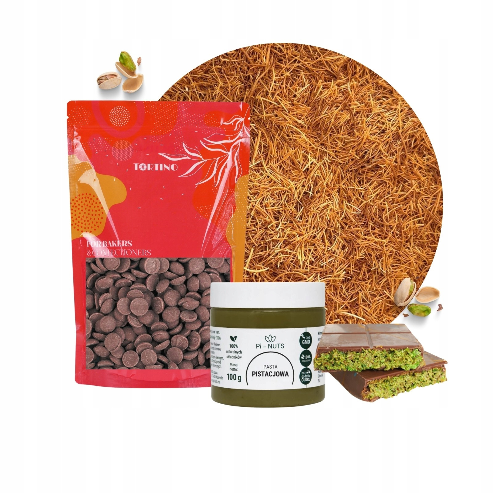 Hořká čokoláda, kataifi těsto a pistáciová pasta na dubajskou čokoládu