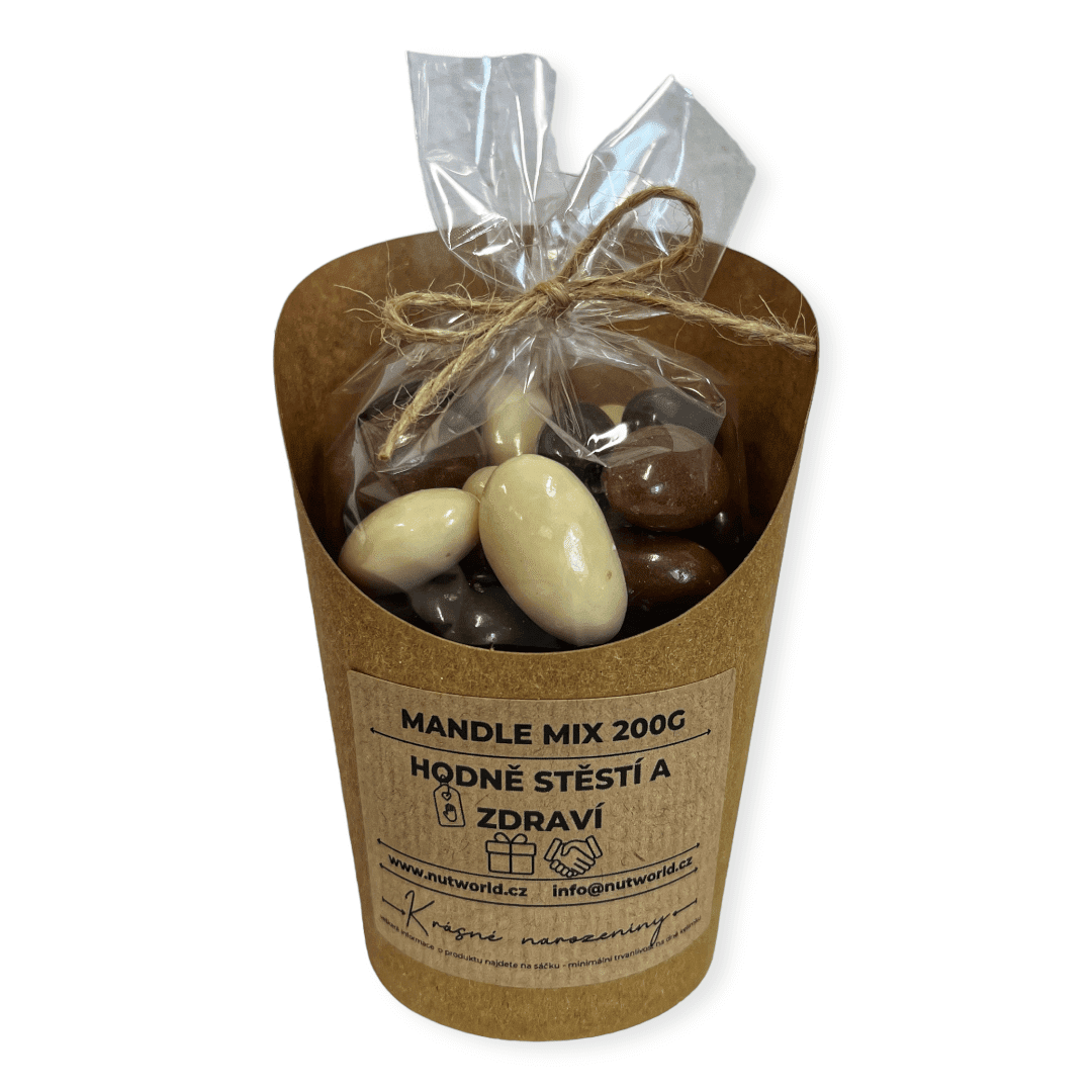 Nutworld.cz Mandle TŘÍBAREVNÉ v celofánku a kelímku 180g K NAROZENINÁM