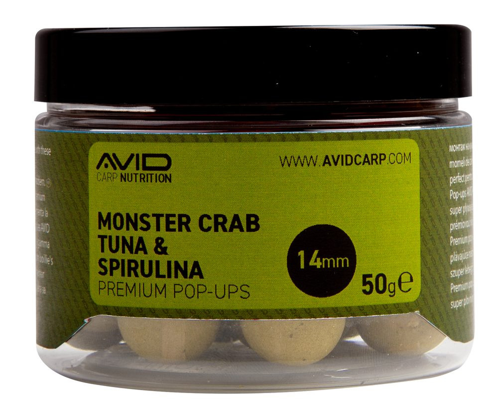 Avid Plovoucí boilie Premium Pop-Ups Monster Crab-Tuna & Spirulina 14mm 50g