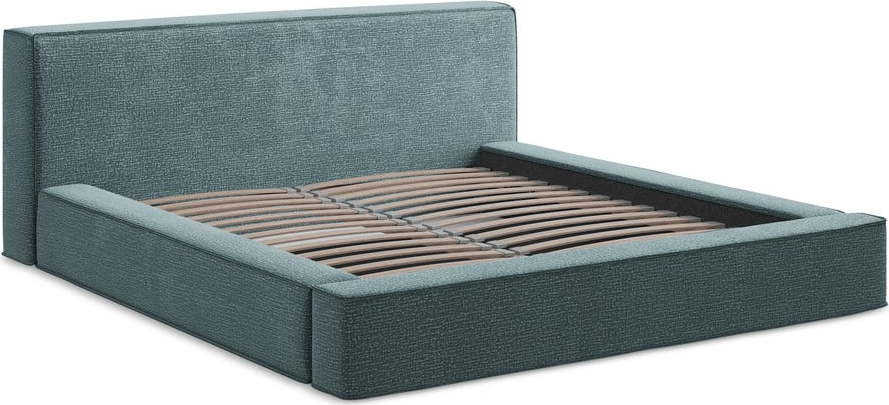 Modrá čalouněná dvoulůžková postel s úložným prostorem s roštem 140x200 cm Noho – Makamii