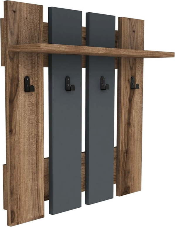 Nástěnný věšák v dekoru ořechu s poličkou v antracitovo-přírodní barvě Mita – Puqa Design