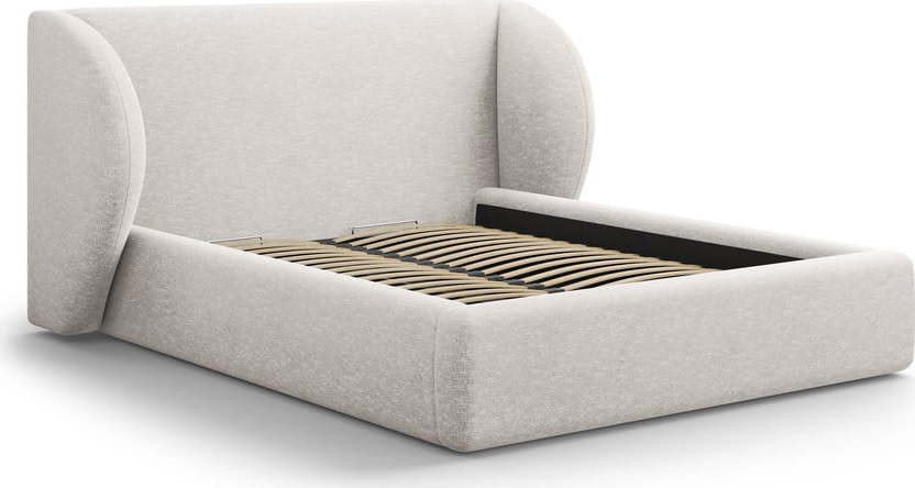 Světle šedá čalouněná dvoulůžková postel s úložným prostorem s roštem 160x200 cm Miley – Micadoni