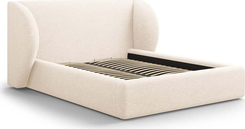 Krémová čalouněná dvoulůžková postel s úložným prostorem s roštem 200x200 cm Miley – Micadoni