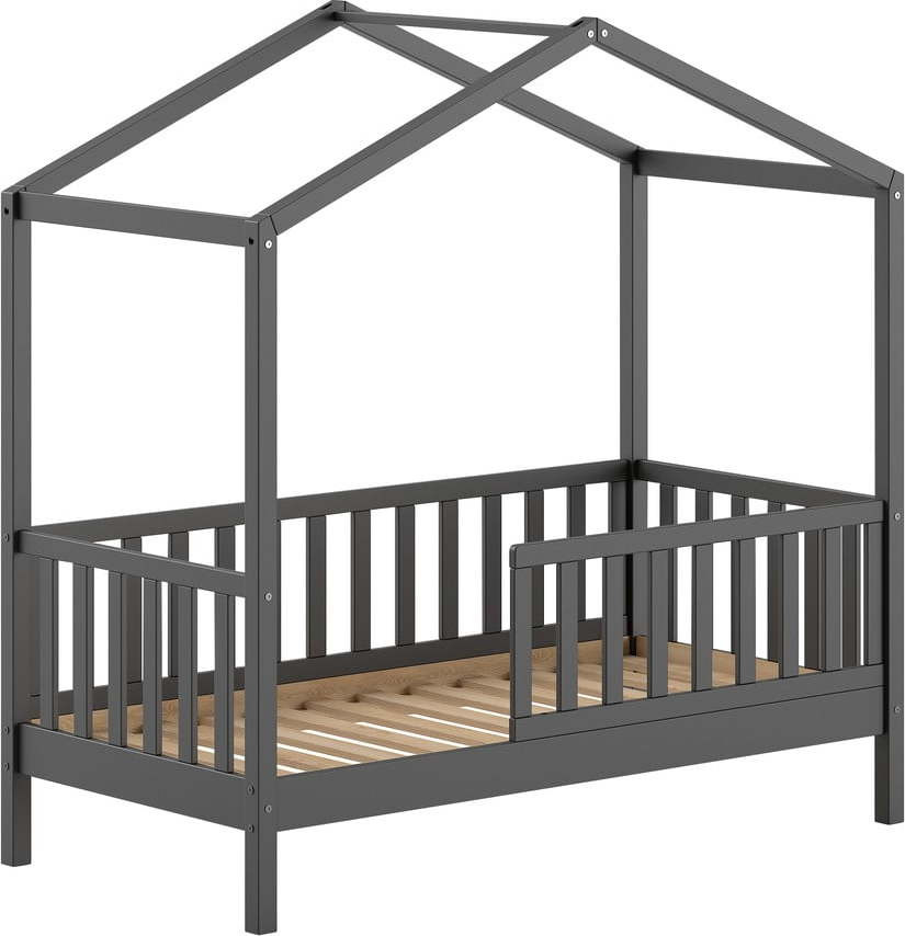 Antracitová domečková dětská postel z borovicového dřeva s roštem 70x140 cm DALLAS – Vipack
