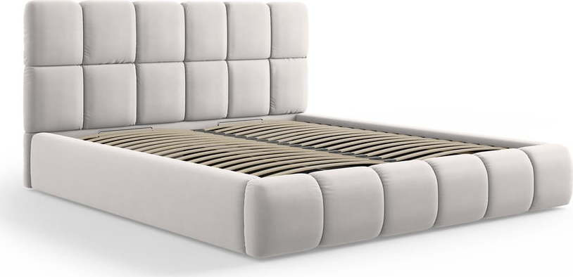 Světle šedá sametová čalouněná dvoulůžková postel s úložným prostorem s roštem 180x200 cm Bellis – Micadoni
