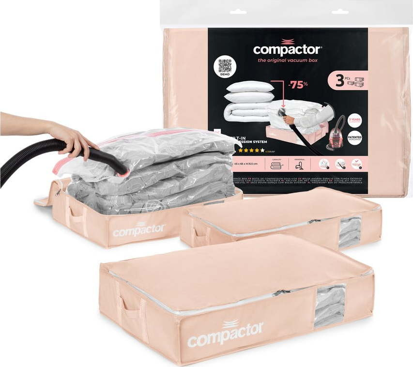 Vakuové plastové úložné boxy pod postel v sadě 3 ks 65x45x15,5 cm Pink Edition – Compactor