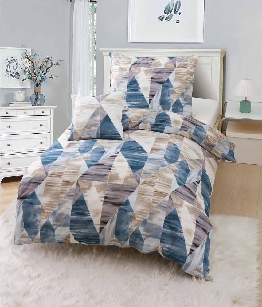 Modro-hnědé 3dílné povlečení na jednolůžko z mikrosaténu 140x200 cm Eden – JAHU collections