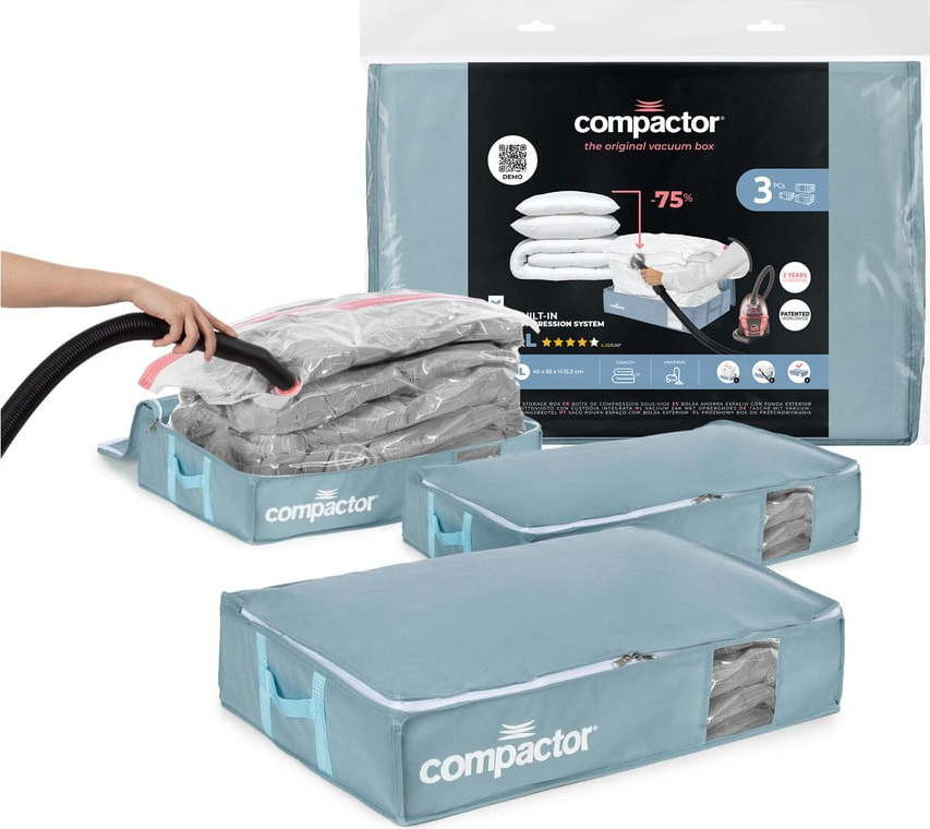Vakuové plastové úložné boxy pod postel v sadě 3 ks 65x45x15,5 cm Blue Edition – Compactor