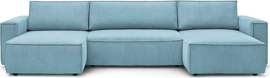 Světle modrá manšestrová rozkládací rohová pohovka do