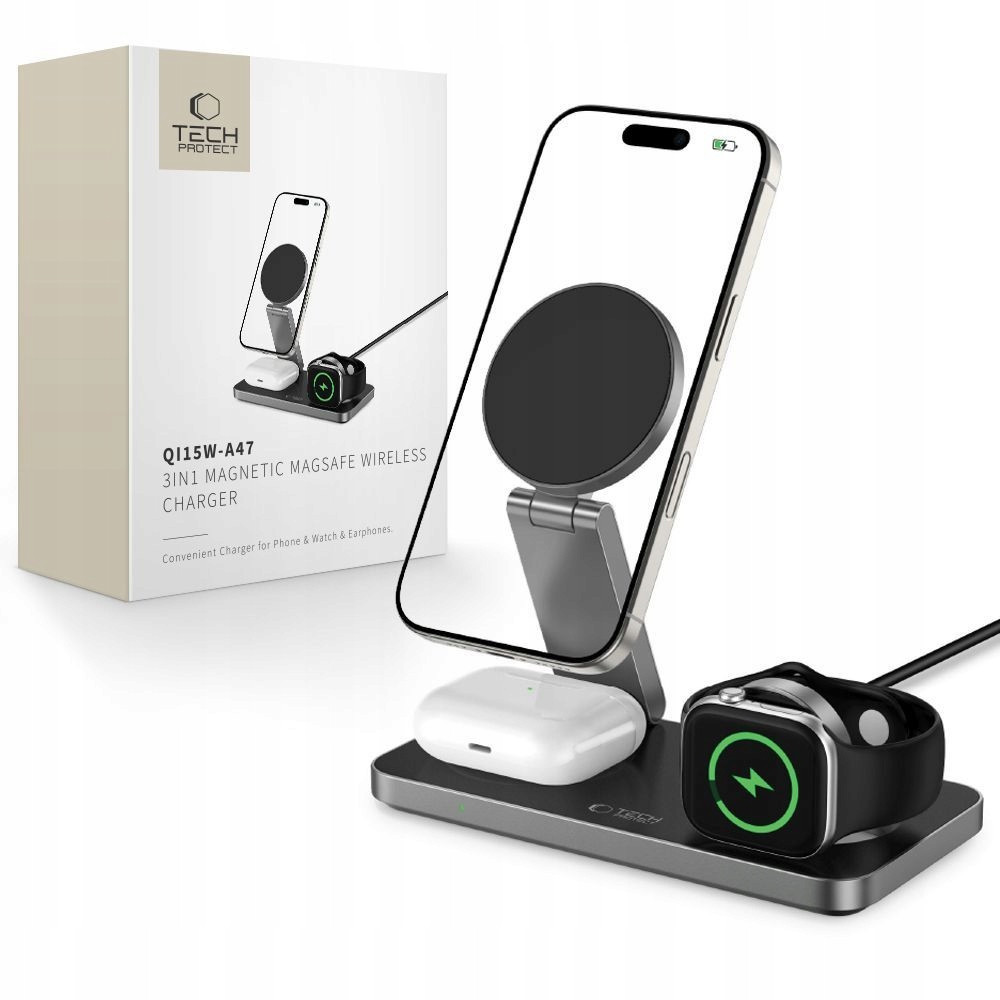 Tech-protect QI15W-A47 3V1 Magnetická Magsafe Bezdrátová Nabíječka Černá