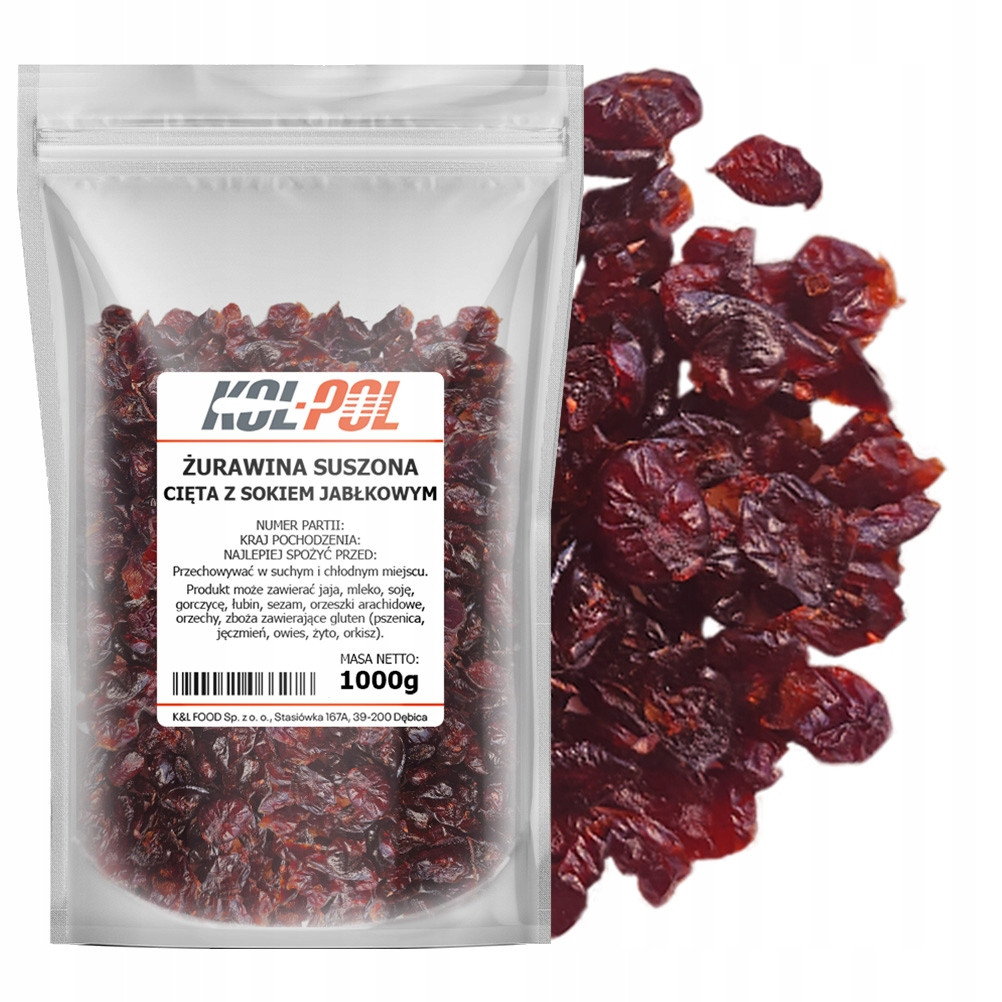 Sušené Brusinky bez cukru s jablečnou šťávou 1 kg Celé přírodní Kol-Pol