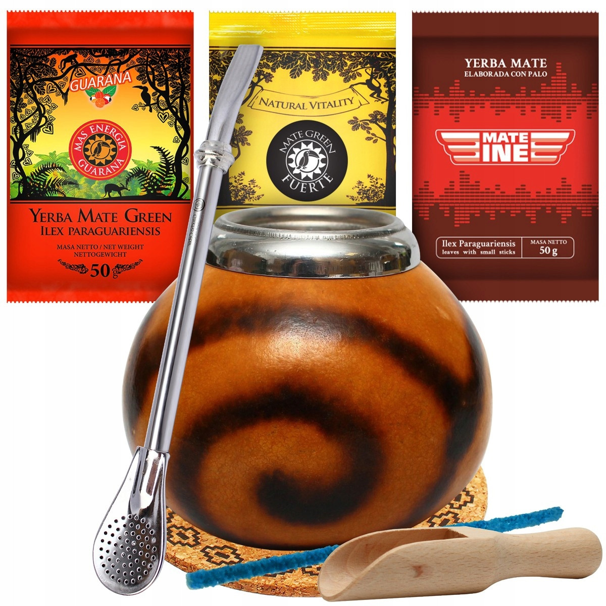 Set Yerba Mate Velká přírodní Tykva bombilla Příslušenství 3x50g Guarana