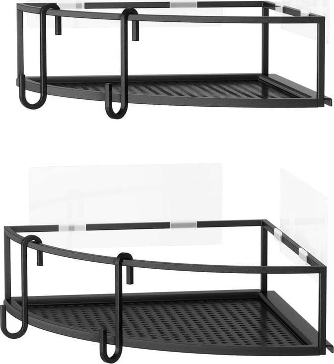 Černé rohové samodržící ocelové koupelnové poličky 2 ks Cubiko – Umbra