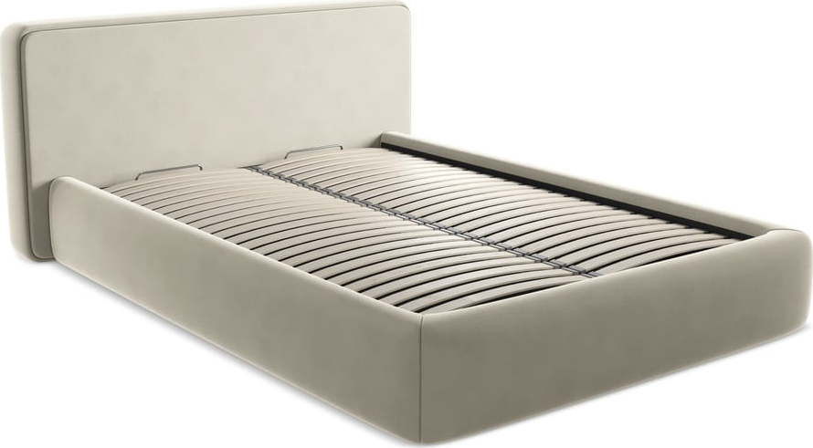 Krémová čalouněná dvoulůžková postel s úložným prostorem s roštem 160x200 cm Kiana – Makamii