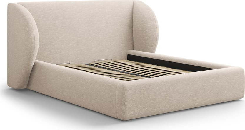 Béžová čalouněná dvoulůžková postel s úložným prostorem s roštem 160x200 cm Miley – Micadoni