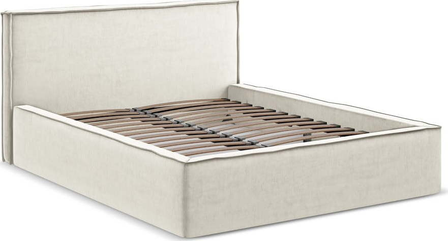 Krémová čalouněná dvoulůžková postel s úložným prostorem s roštem 160x200 cm Anani – Makamii