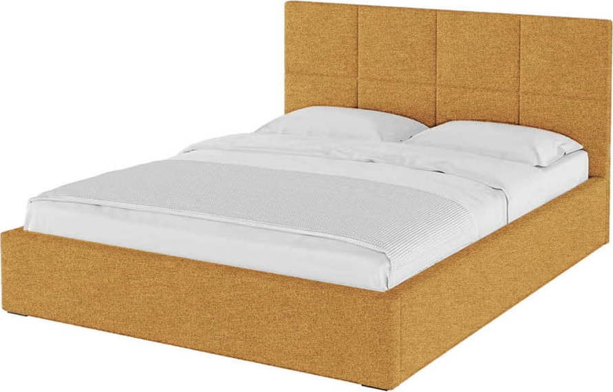 Okrově žlutá čalouněná dvoulůžková postel s úložným prostorem s roštem 160x200 cm Bufo – MESONICA