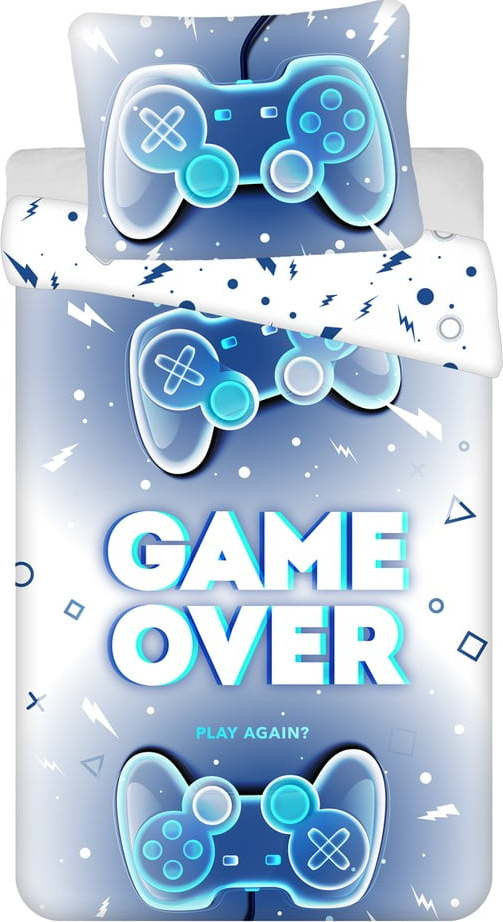 Bílo-modré bavlněné dětské povlečení na jednolůžko 140x200 cm Game over – Jerry Fabrics