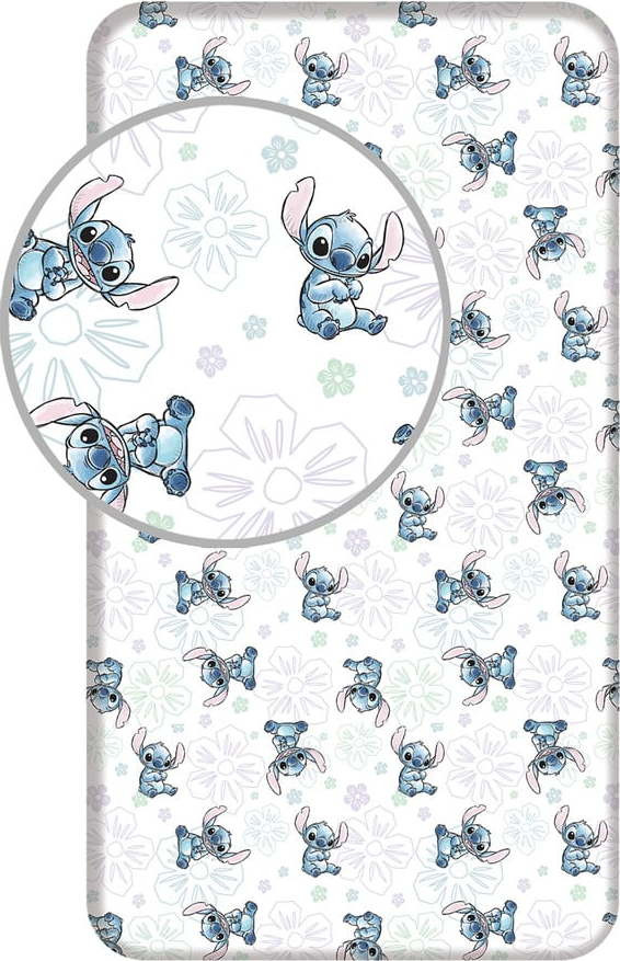 Bílé napínací bavlněné dětské prostěradlo na jednolůžko 90x200 cm Lilo and Stitch 