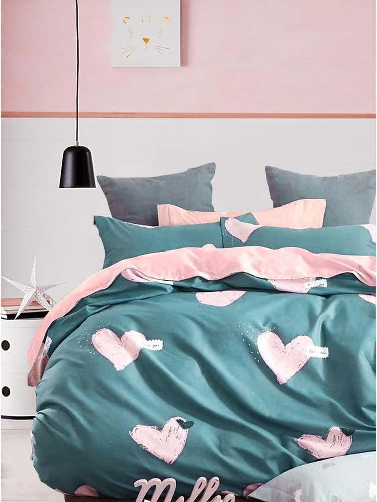 Zeleno-růžové prodloužené povlečení na dvoulůžko z bavlny Renforcé s prostěradlem/4dílné 200x220 cm Beloved – Mila Home