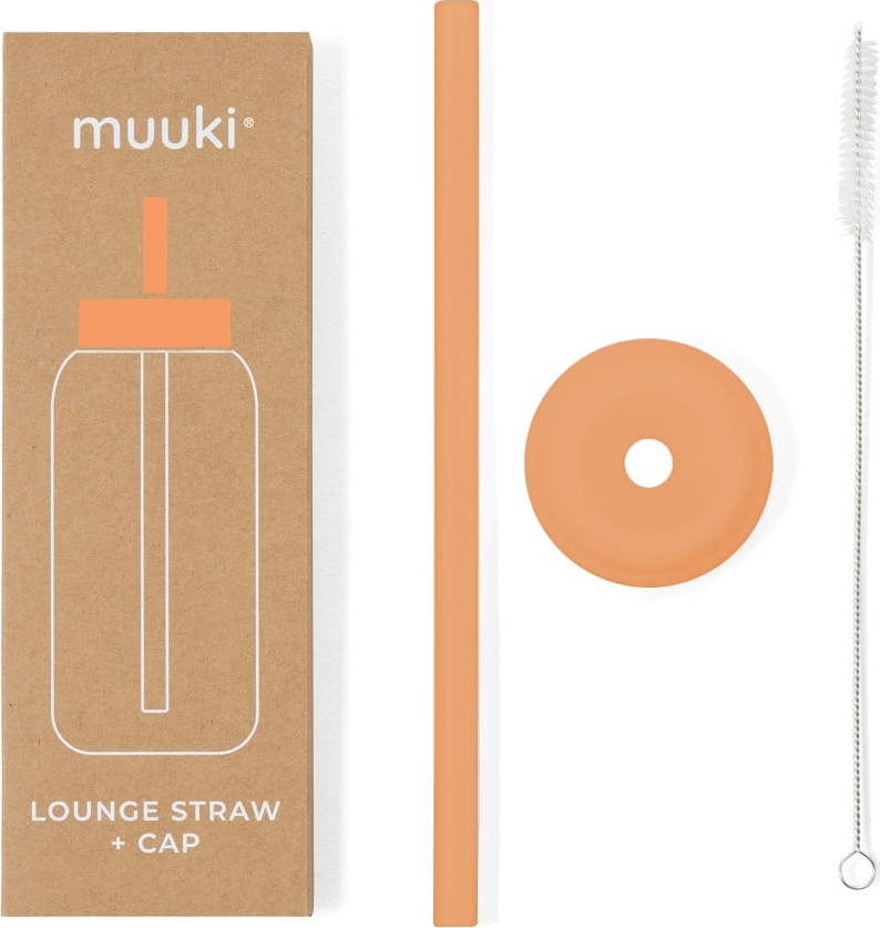 Silikonové brčko s čistícím kartáčkem/s víčkem Tropical Papaya – Muuki