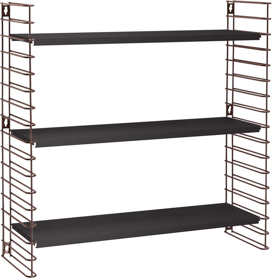 3patrový regál s detaily v barvě mědi s černými policemi Metaltex Libro, šířka 70 cm